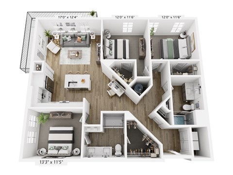 Floor plan for 3 beds, 2 baths, 1413 sqft